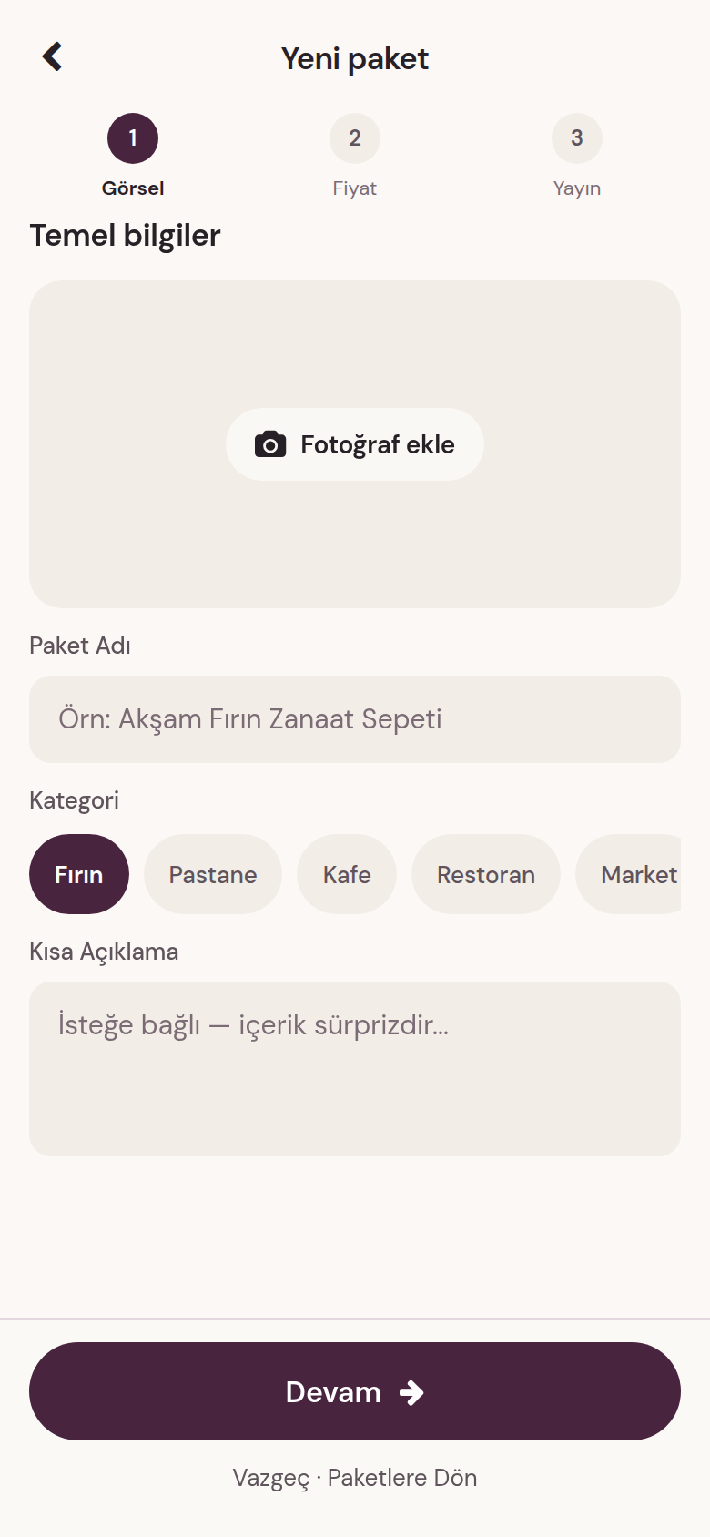 Paket oluştur uygulama ekranı